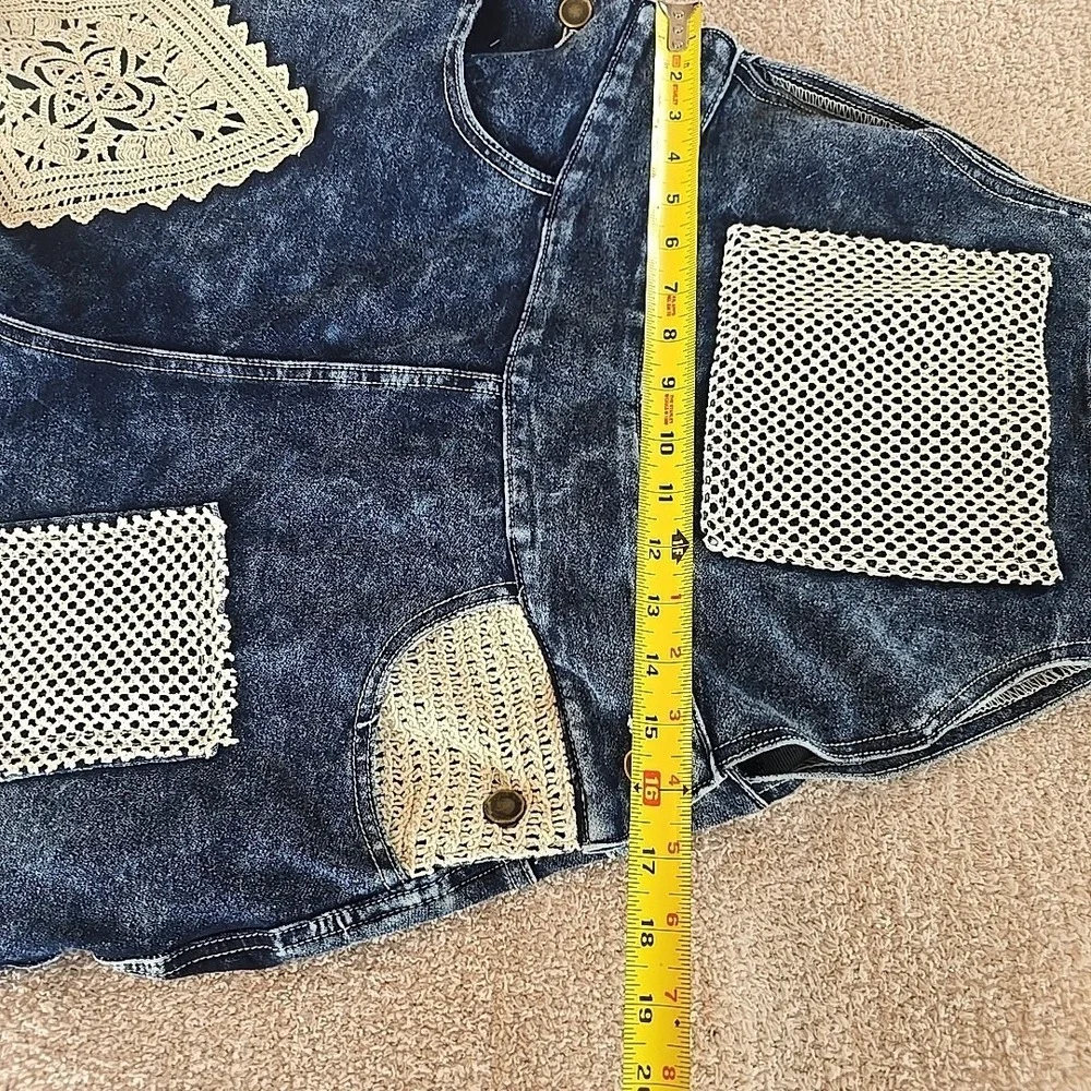 POL Denim Dark Wash Overalls Wide Leg Crochet Patchwork Size S NWT Boho - Picture 15 of 16
